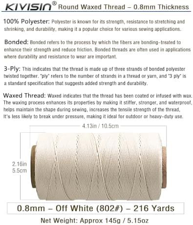 Heavy Duty Round Waxed Thread, 0.8mm, 218 Yards, Off-White, Bonded Polyester Wax Coated Cord String for Leather Sewing, Upholstery, Whipping Twine, Basket Weaving, Macrame, and Jewelry Making