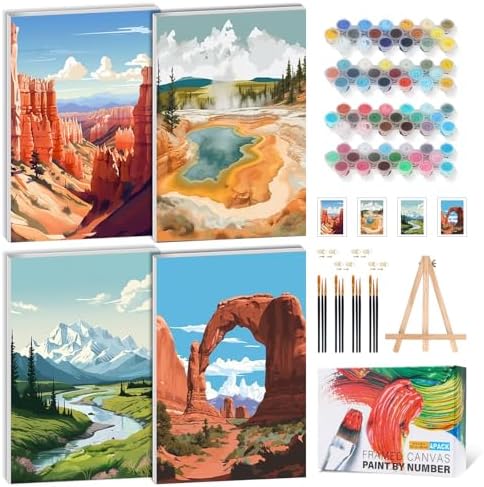 4 Pack Paint by Numbers Kit for Adults with Frame, National Parks Landscape DIY Painting Kit for Beginners, Mountain & Canyon Scenic Canvas Paint by Number Set for Nature Wall Decor, 8x12 Inch