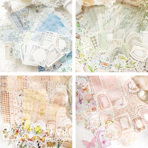 420Pcs Vintage Floral Scrapbook Supplies Kit, Retro Flower Scrapbook Paper Junk Journal Stickers Set, DIY Craft Accessories for Bullet Journal Planner Collage Card Making