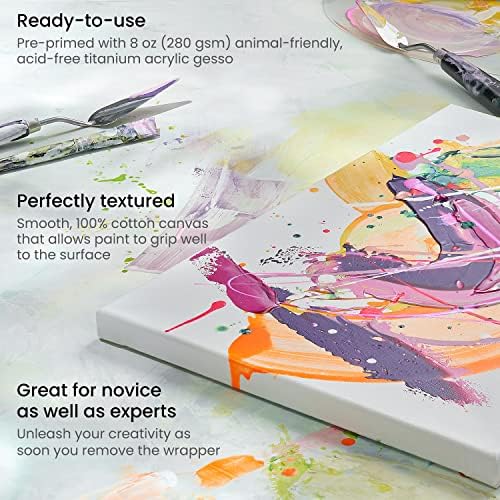 ARTEZA Stretched Canvas 11x14 Inches Pack of 8 – Blank White Canvases for Acrylic, Oil, Gouache Painting – Cotton, Pre-Primed with Gesso