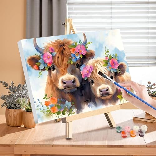 Highland Cow Paint by Numbers for Adults with Framed Canvas - Wooden Easel