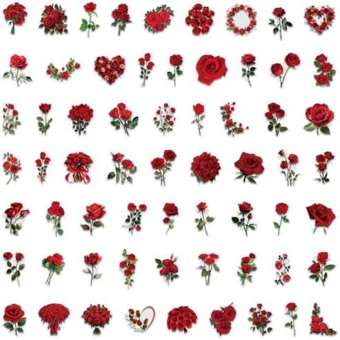 60 Pieces Red Rose Stickers Aesthetic PET Transparent Sticker, Self-Adhesive Scrapbooking Stickers Supplies Journal Stuffers for Adult Card Making Letters DIY (Rose)
