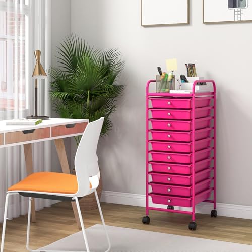 Storage Cart, Rolling Utility Cart with 10 Drawers, Portable Handles & Lockable Wheels, Mobile Paper Toys Storage Organizer Large Capacity for Home Office School Teacher (Hot Pink)