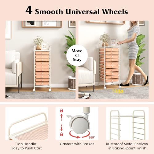 Storage Cart, Rolling Utility Cart with 10 Drawers, Portable Handles & Lockable Wheels, Mobile Paper Toys Storage Organizer Large Capacity for Home Office School Teacher (Peach)