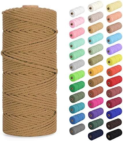 Macrame Cord 3mm x 109Yards (328Feet), Natural Cotton Macrame Rope - 4 Strands Twisted Macrame Cotton Cord for Wall Hanging, Plant Hangers, Crafts, Gift Wrapping and Wedding Decorations, Caramel