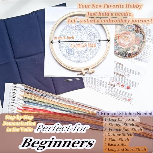 FONNUY Floral Embroidery Kit, Cross Stitch Kits for Beginners, Handmade Crafts with Printed Patterns for Beginner Adults, Easy to Follow Color Thread Needlework, 8'' Hoop (Vibrant Flowers)