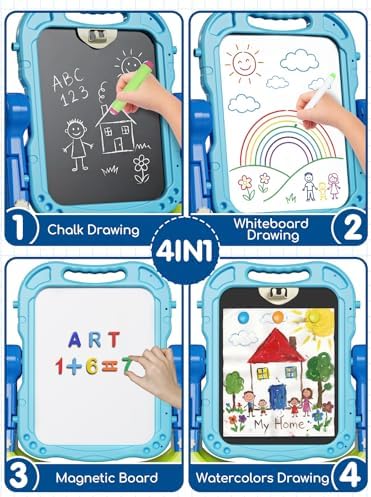 Lehoo Castle Easel for Kids 3-5, Magnetic Chalkboard Whiteboard (Blue)