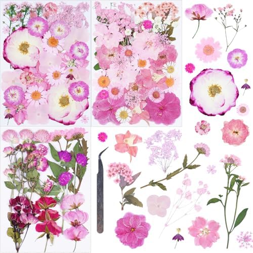 92Pcs Pink Dried Pressed Flowers for Crafts,Xinxinran Dry Flowers Kit for Resin Molds,Epoxy Resin Accessories,Bookmark,Nails, Jewelry Molds,Candle Making Supplies,Soap,Frame