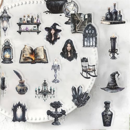 50pcs Transparent Vintage Witchy Stickers for Kids,Dark Witchy Magic Sticker Waterproof PET Stickers for Scrapbook Journaling Photo Album Collage Card Gothic Aesthetics Sticker for Teens and Adults