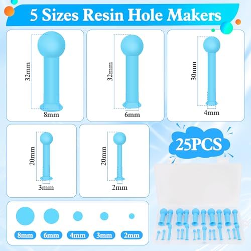 25P Hole Maker for Resin-5 Sizes (2/3/4/6/8mm), Silicone Molds Holes Tools | Suction Without Drilling for Epoxy & UV Resin Molds Tools Reusable for Making Jewelry, Keychain, Earring, Pendant DIY Craft