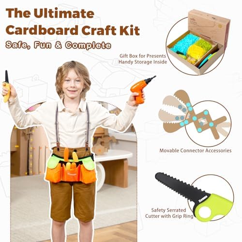 Cardboard Construction Kit - 401 PCS Kids Building Set with Safe Serrated Cutter, Crease Roller, Screws & Nuts, STEM Upcycled Tool for DIY Cardboard Projects, Engineering & Creativity