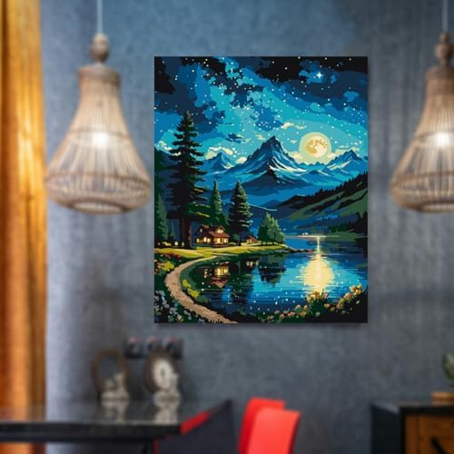 Lovepefe Mountain Paint By Numbers Kit for Adults Lakeside Cabin Adult Paint By Number Kits On Canvas Moon Night Oil Painting Kit for Beginners Adults Kits for Gift Home Wall Decor 16x20 Inch