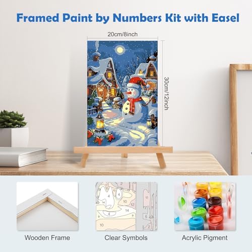 MOGTAA Christmas Paint by Numbers Kit for Adults Beginners with Frame, Snowman Adult Paint by Number Kits on Canvas with Easel, Easy DIY Landscape Oil Painting Kits for Home Decor, 8x12in
