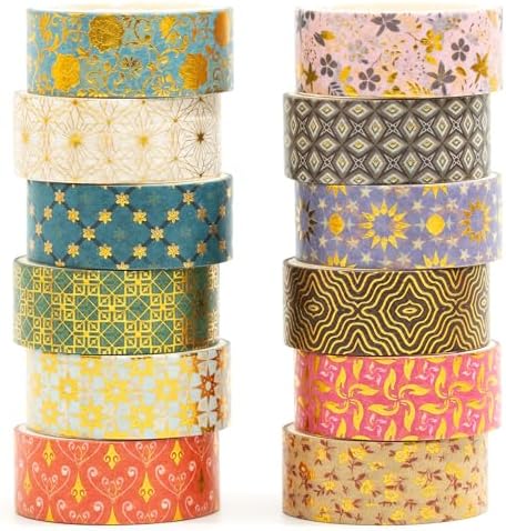 12 Rolls Charming Washi Tape Set Gold Silver Foil Detailing Arts Adhesive Tapes Basic Patterns Decorative Masking Tape Sets for Craft, Kids, Scrapbook, DIY, Gift Wrapping (Golden Galaxy)