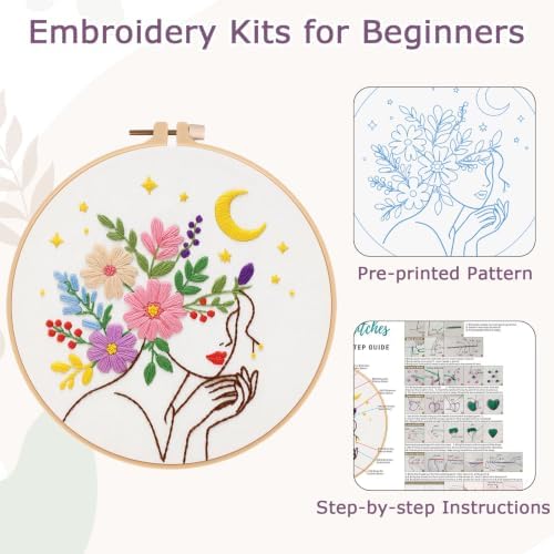 Nuberlic Embroidery Kit for Beginner,Floral Woman Embroidery