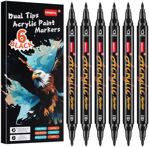 Acrylic Paint Pens Markers, 6 Pc Black Dual Tips Waterproof Paint Markers