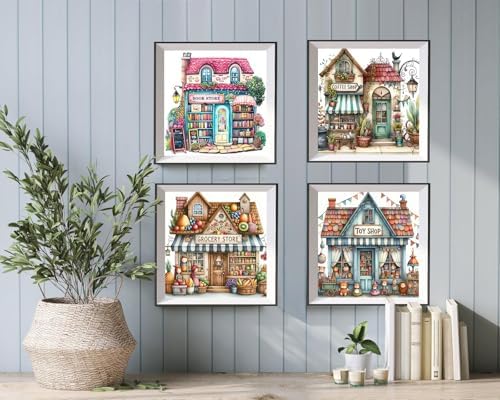 4 Packs Store Diamond Painting Kits for Adults, 5D Diamond Art Painting by Numbers Kits, DIY Shop Diamond Dots Art Kits, Full Round Drill Diamond Art Kits for Adults for Home Wall Decor, 13.8x13.8in