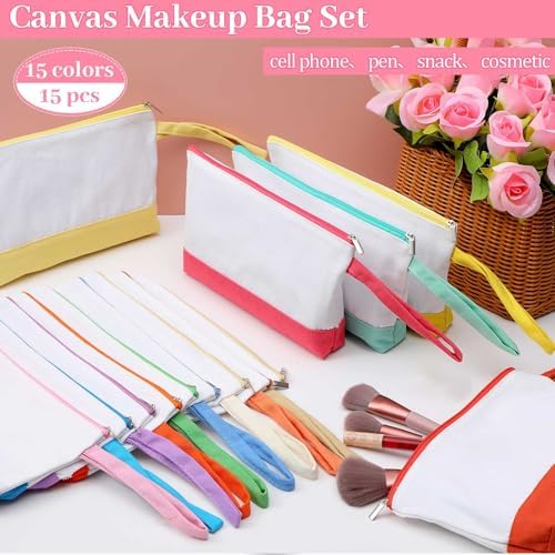 Silkfly 15 Pcs Cotton Canvas Makeup Bags Cosmetic Zipper Bags 10.2 x 5.5 x 2'' Blank DIY Pouch Bulk Pencil Case with Bottom Travel Toiletry Pouch for Women Craft Decor Gift (Fashion Color)