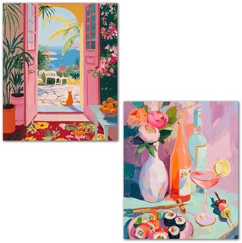 XUNLURY Coastal Orange Cat Diamond Art Kits 2 Pcs, Retro Summer Mediterranean Sushi Cocktail Diamond Painting Kits for Adults Beginners, Full Drill Diamonds Dots for Home Decor, 9.8x11.8 Inch