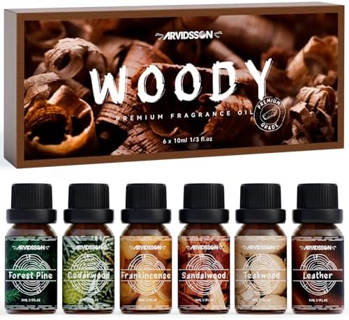 Woody Essential Oils Set, ARVIDSSON Woodsy Fragrance Oil for Candle Making, Sandalwood, Leather, Teakwood, Frankincense, Cedarwood, Pine, Diffuser Essential Oil for Men and Women