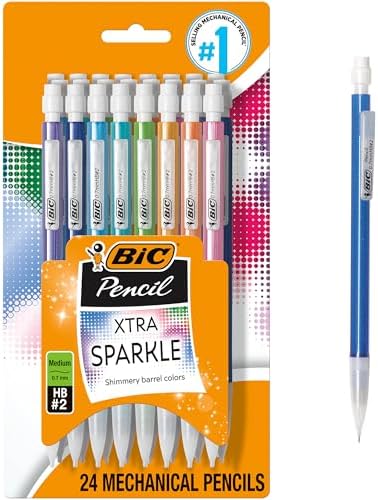 BIC Xtra-Sparkle Number 2 Mechanical Pencils, 24-Count Pack, 0.7mm Point | Colorful Sparkle Barrels, Multicolor Design, Ideal for School Supplies, Smudge-Resistant Lead, Medium Point, Erasers