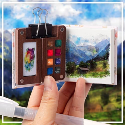 Qilery Mini Portable Watercolor Palette Set Wooden Grid Paint Box Watercolor Paper Sketch Book Brush Pens with Binder Clip for Painters Artist Not Include Paint(Rabbit)
