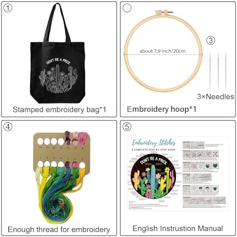 Louise Maelys 2 in 1 Embroidery Kit Canvas Tote Bag with Cactus Design