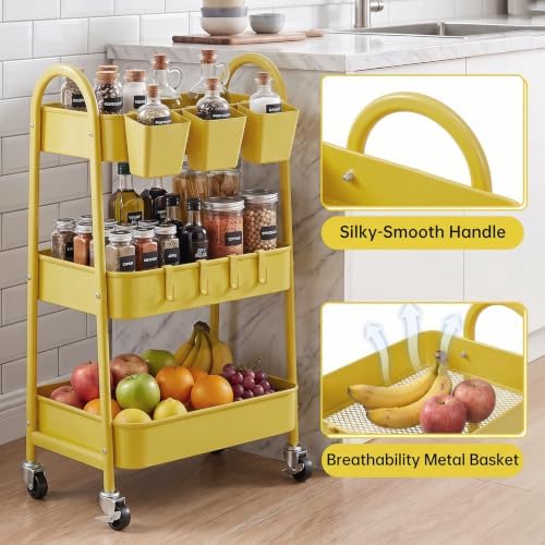danpinera 3-Tier Rolling Cart, Utility Cart Mobile Metal Rolling Storage Cart with Lockable Wheels & Hanging Cups & Hooks for Kitchen, Bathroom, Office, Workshop, Yellow