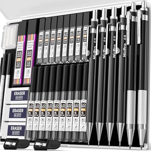 Nicpro 34PCS Black Art Mechanical Pencils Set, Metal Automatic Pencil 0.3, 0.5, 0.7, 0.9 mm & 2PCS 2mm Lead Holder (6B 4B 2B HB 2H 4H Colors) For Sketching Drawing With 19 Tube Lead Refills Case