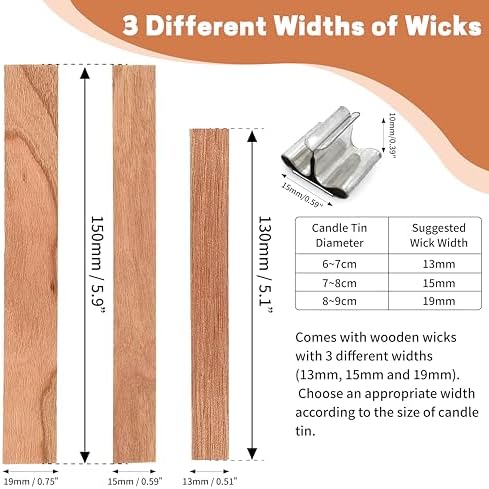 50 Set Wood Candle Wicks 3 Widths, DIY Candle Making Supplies Wooden Wicks with Iron Stands for Handmade Candles Including 20Set 5.1x0.51in, 20Set 5.9x0.59in, 10Set 5.9x0.75in Natural Wood Wick