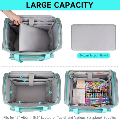 Rolling Craft Bag, Craft Bag with Wheels for Scrapbook Supplies, Large Scrapbook Tote with 15.6'' Laptop Sleeve, Rolling Art Supply Storage for Scrapbooking Tools, Gray