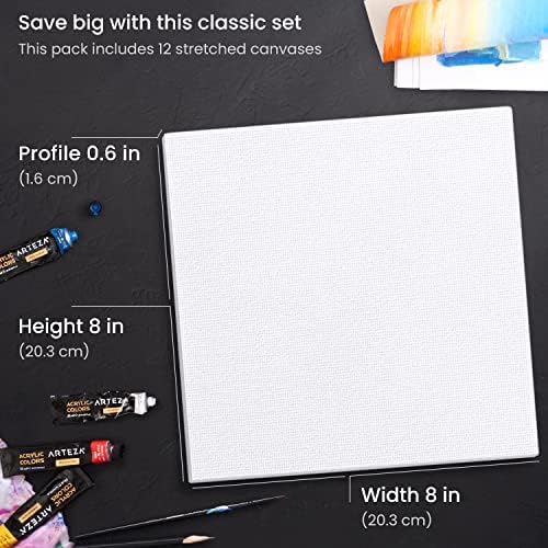 ARTEZA Stretched Canvas, 8 x 8 Inches, Pack of 12, Blank White Square Canvas for Painting for Acrylic, Oil and Gouache Paints | White Cotton Surface, Wood Bars, Pre-Primed, For Acrylic, Oil, Gouache, Tempera, Pouring Art and Wall Sets