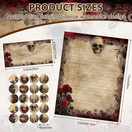 TaoBary 160 Pcs Stationery Paper Set 50 Double Sided Stationery Papers with 50 Matching Envelopes and 60 Round Dot Sticker, 10 Design(Gothic Style,8.5 x 11 Inch)