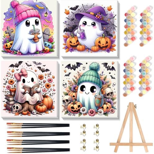 4 Pack Ghost Paint by Number for Kids with Wooden Frame - Wooden Easel