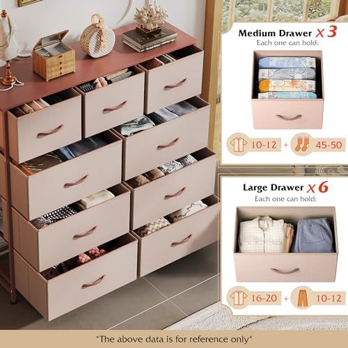 WLIVE Tall Dresser for Bedroom, 9 Drawer Chest of Drawers, Pink | 9 roomy fabric drawers, Tall storage design, Bedroom or closet use, Sturdy steel frame, Smooth wood tabletop