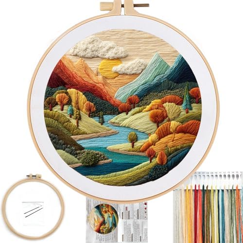 FONNUY Embroidery Kit for Beginners, Brightly Colored Landscape Lake Pre-Stamped Pattern Kits for Adults with Hoop, Easy to Follow Color Thread Needlework, 8'' Hoop (Lightblue)