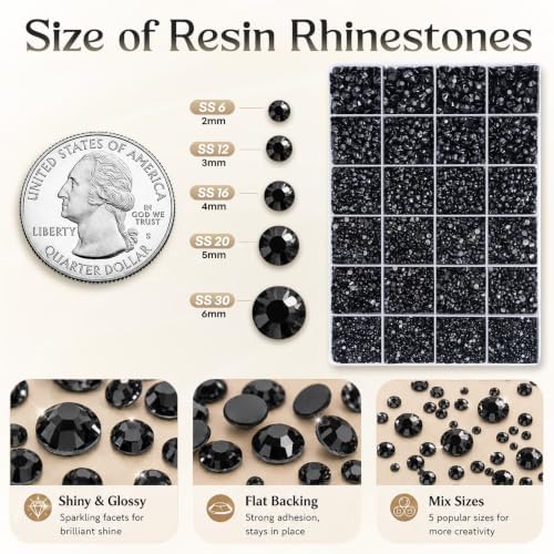 32000 Pcs Resin Jelly Rhinestones Kit, Black Flatback Rhinestones 3mm (2–6mm Size Options), Crystal Bedazzling Kit with 4 Pcs B7000 Glue & Tools for Nail Art, DIY Crafts & Clothing Decoration