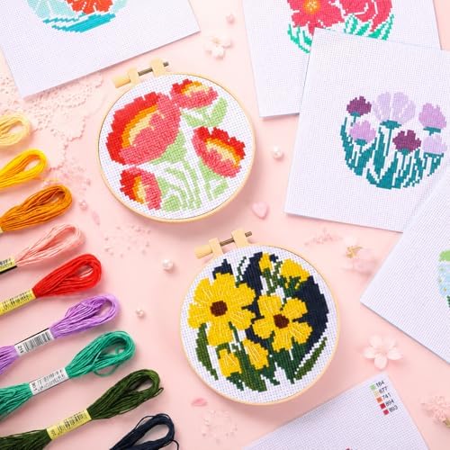 ZOIIWA 6PCS Flower Embroidery Kit for Beginners Adults Summer Cross Sewing Kits DIY Starter Hand Embroidery Kit with Needlepoint Patterns Hoop Threads Needles Instructions Craft Gift for Home Decor