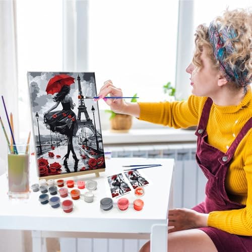 JOOZ Paint by Numbers Kit for Adults Eiffel Tower Paint by Numbers Kit with Frame DIY Girl Paint by Number with Easel Flowers Paint by Number Kits on Canvas for Gift Home Wall Decor 7.87x11.81 Inch