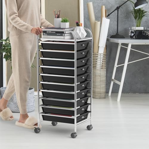 Storage Cart, Rolling Utility Cart with 10 Drawers, Portable Handles & Lockable Wheels, Mobile Paper Toys Storage Organizer Large Capacity for Home Office School Teacher (Black)