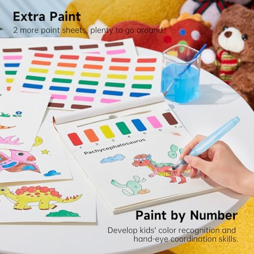Shuttle Art Paint with Water Coloring Book for Kids, 25 Dinosaur Themed Pages with 2 Brushes, Mess-Free Watercolor Paint Set, Travel-Friendly Art Craft Gift for Toddlers, Birthday Christmas Gift