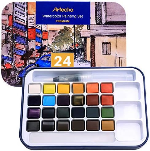Artecho 24 Colors Watercolor Paint Set, Portable Travel Tin Box with Brush