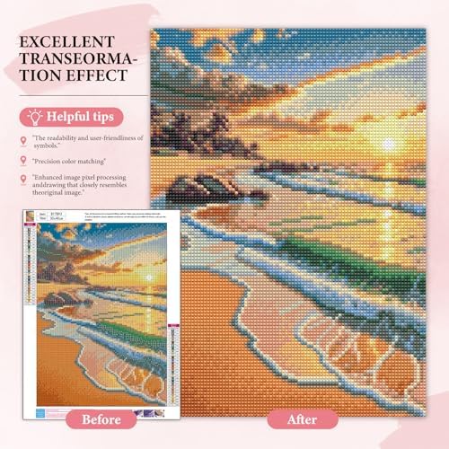 Yezavesu Beach Diamond Art Kits for Adults, Sunset 5D Diamond Painting Kit for Beginners, DIY Round Full Drill Painting with Gem Art Craft Kits for Home Wall Decor 12x16 Inch