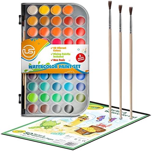 Watercolor Paint Set- Premium 48 Watercolor Paint with Watercolour Book, Water Color Palette and 3 Paintbrushes. Great Water Colors for Adults and Kids