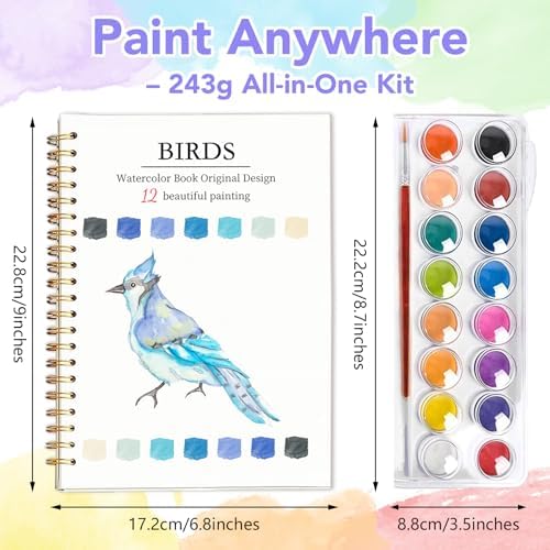 Easy Watercolor Workbook for Beginners - 12 Beautiful Step-by-Step Paintings Water Coloring Book, Includes 16 Colors Paints, Relaxing Art Projects and Creative Gift for Adults & Teen (Birds)