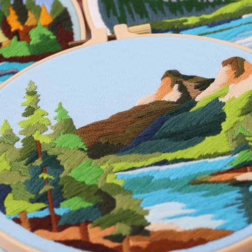 Harimau Adult Beginner Embroidery Starter Kit Natural Landscape Patterns, Complete Set with 4 Patterns, 2 Hoops, Needles, Scissors, Instruction Guide & Stitching Video Tutorials