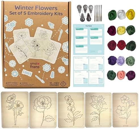 Wooden Flower Lacing Embroidery Kits for Beginners, Set of 5 Learn-to-Stitch Craft Boards, Sewing & Embroidery Art Kits for Kids Ages 8+, DIY Craft Projects, Educational Gifts, Party Favors (Winter)