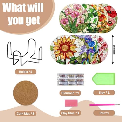CRZMODE 8 Pcs Stained Glass Flower Diamond Art Coasters Kits, Diamond Painting Coasters