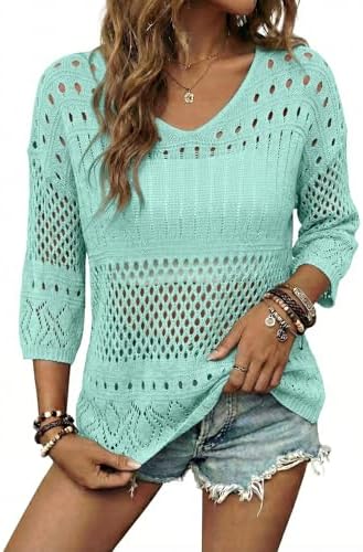 EVALESS Crochet Tops for Women Hollow Out Knit Sweaters