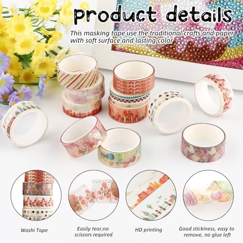 12 Rolls Aesthetic Washi Tape Set, Gold Foil Tree Ferris Wheel Hot Air Balloon Decorative Tape, Landscape Pattern Masking Tapes for DIY Scrapbook Design Journaling Handbook Making Card Wrap Craft